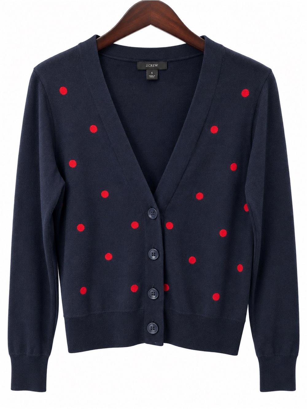 J. Crew Navy Cardigan with Red Polka Dots